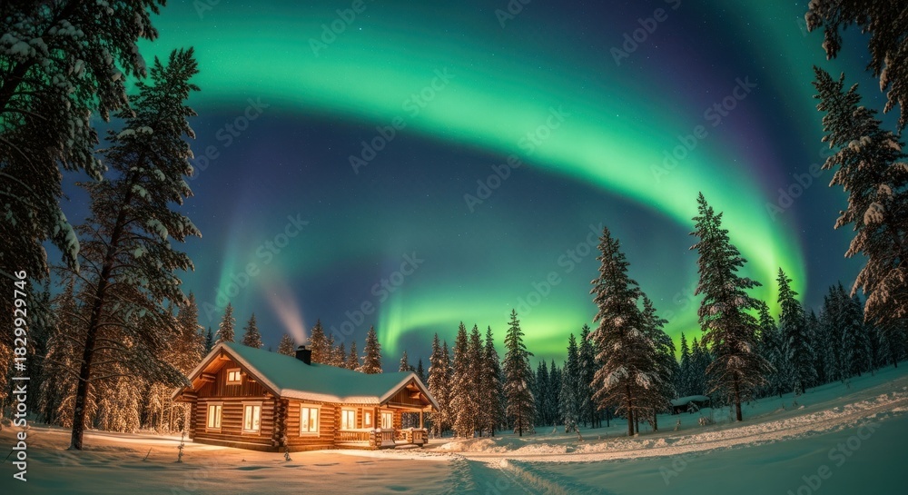 Fototapeta premium Cozy Cabin Under the Northern Lights - A Winter Wonderland.