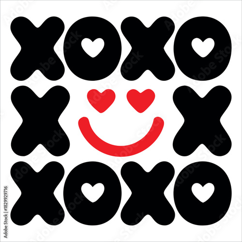 Xoxo pattern with hearts and a smile in red and black on a white square background