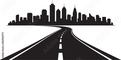 Black silhouette of a straight road leading directly to a city skyline on a white background