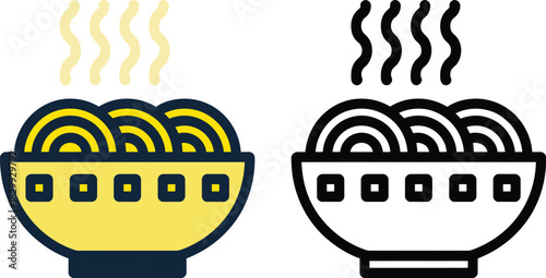 Print Hot Steaming Noodles in Bowl Icon Set Line and Color Graphic Vector illustration