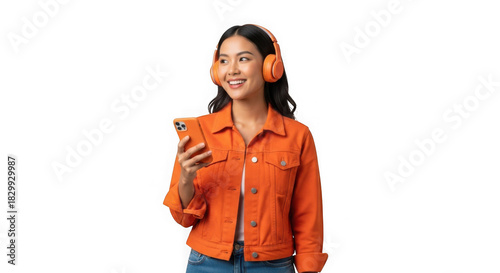 Happy young asian woman enjoying music on vibrant headphones
