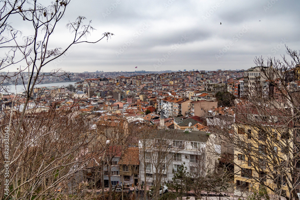Obraz premium Rooftop view of Beyoğlu's historic architecture along the Golden Horn under gray skies, capturing the layered essence of old Istanbul. Turkey.