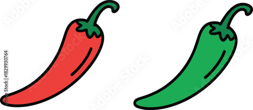 Print Red and Green Chili Pepper Doodle Style Icons Set Vector illustration