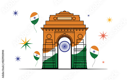 India gate with indian flag and balloons illustration