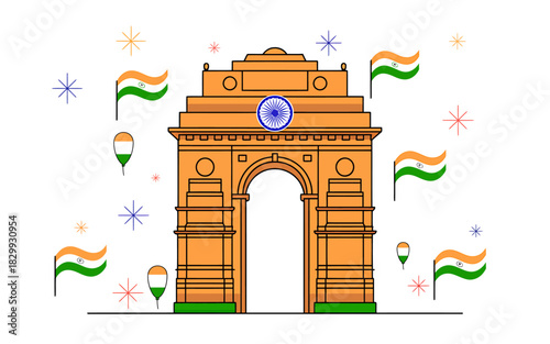 India gate with indian flags and balloons