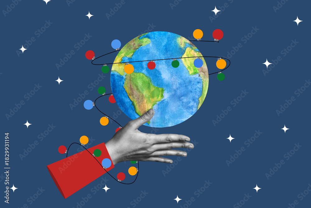 Fototapeta premium Human hand and planet Earth wrapped in festive New Year garland. Christmas concept in collage style.