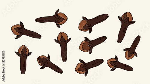 Isolated clove spices scattered on light background, aromatic clove spices are cooking ingredient for Christmas. Healthy clove spices is used as flavoring agent in the kitchen.