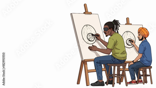 Artistic education with two artists drawing on canvas during art class and learning drawing. Art class teaches drawing skills in fun session. This art class is great to spend time together.