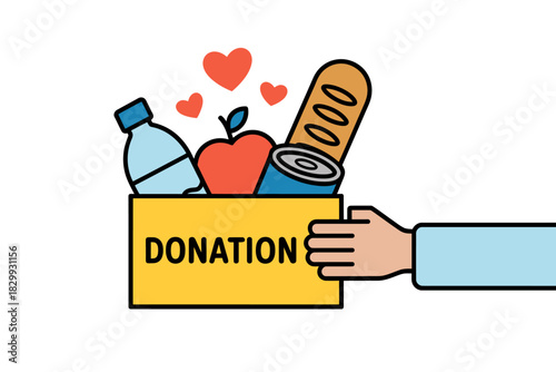 Food donation box with hand and hearts