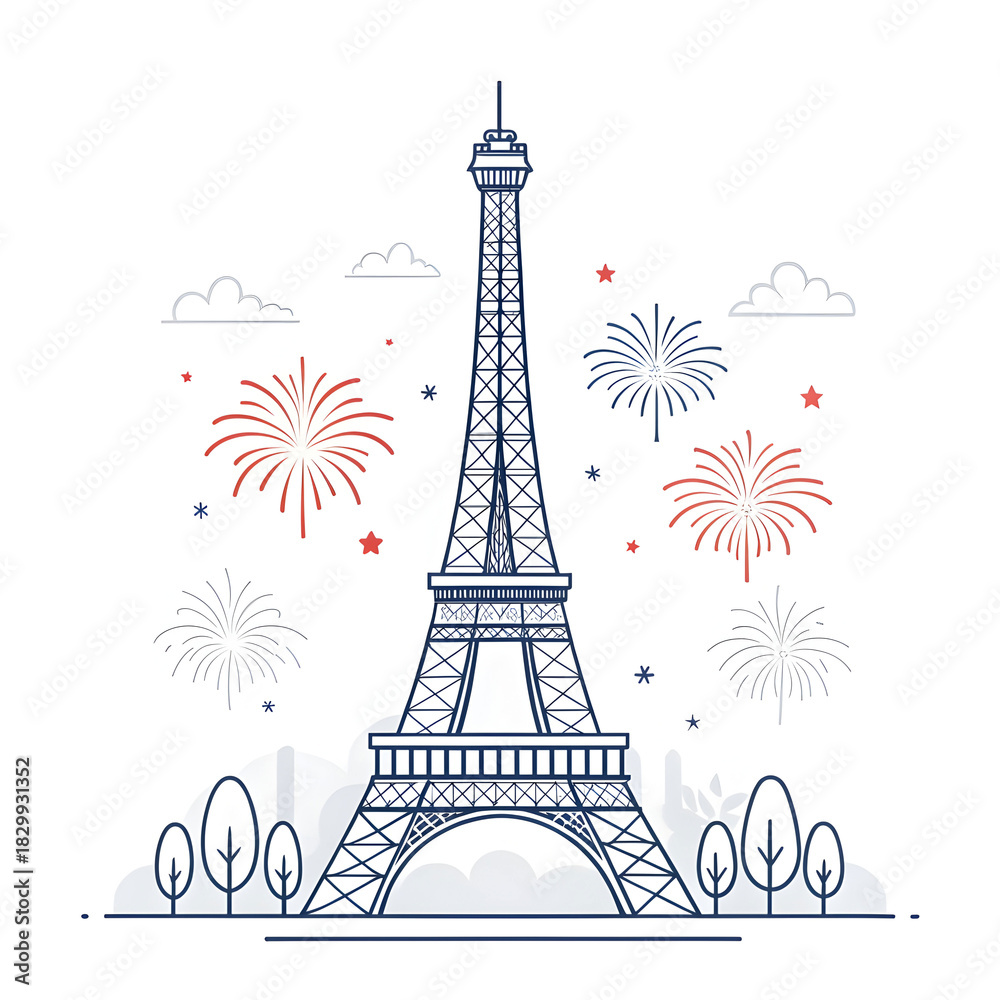 Fototapeta premium A minimal Eiffel Tower design accented with small abstract fireworks creating a festive modern visual highlighting