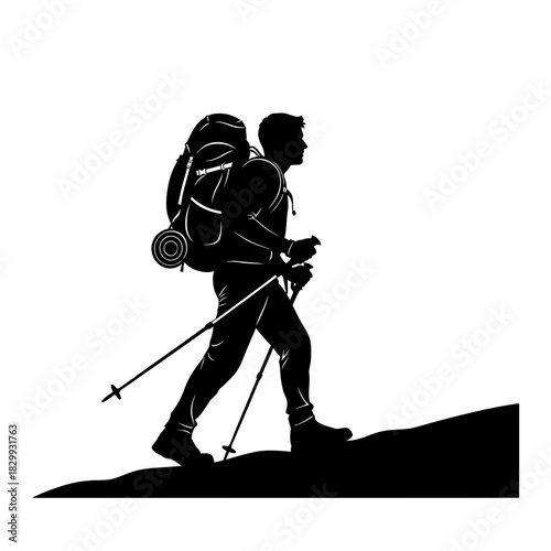 Hiking Man Silhouette Vector – Backpacker Trekking with Poles for Outdoor Adventure and Mountain Travel Designs