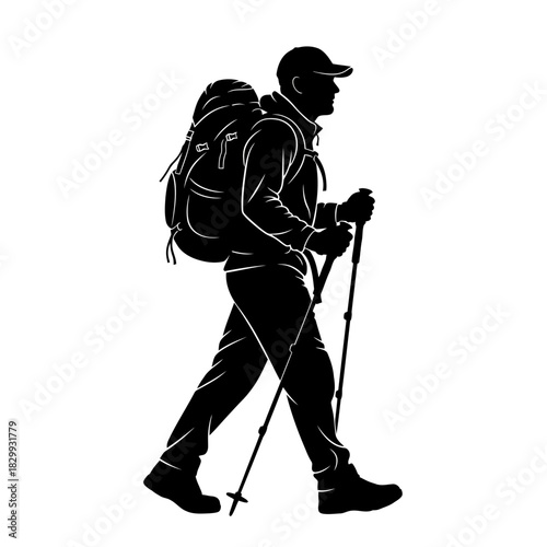 Hiking Man Silhouette Vector – Backpacker Trekking with Poles for Outdoor Adventure and Mountain Travel Designs