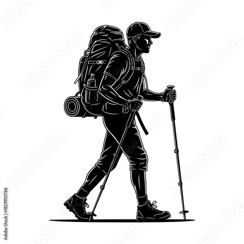Hiking Man Silhouette Vector – Backpacker Trekking with Poles for Outdoor Adventure and Mountain Travel Designs