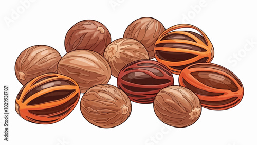 Nutmeg spice still life featuring aromatic seeds for culinary use. Displaying assorted nutmeg seeds showcases cooking ingredient and seasoning elements, ideal for baking, desserts,