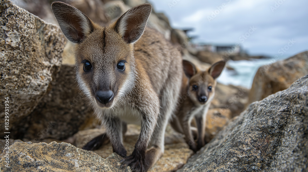 Fototapeta premium Photo of a baby wallaby on the rocks, with its mother carrying it in her pouch. Ai generated