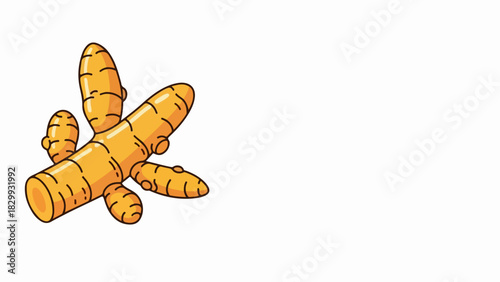 Turmeric root on plain background illustrates fresh spice, and its vibrant color. Turmeric root is known for flavoring and health benefits. Commercial use of turmeric root in advertisements,
