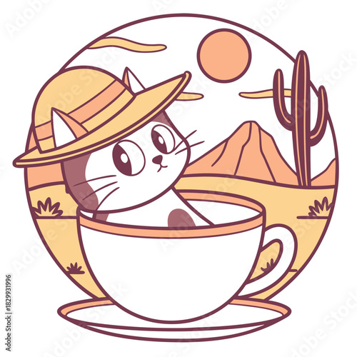 Sundown Glow themed SVG: Loving American Shorthair with in a teacup in a Desert sunset environment