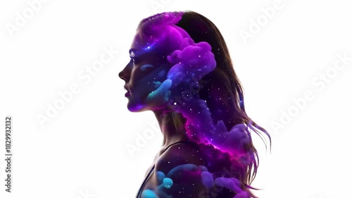 Woman silhouette with colorful abstract smoke cloud against white background