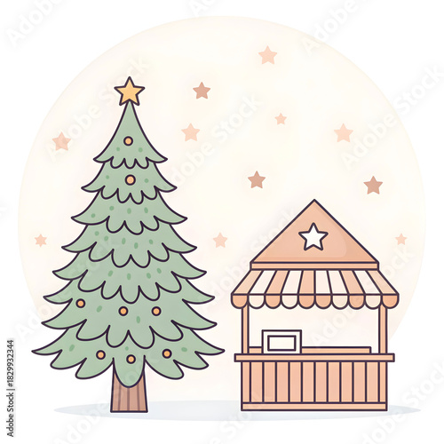 A simple pine tree adorned with small star decorations creating a minimal festive visual symbolizing holiday spirit joy