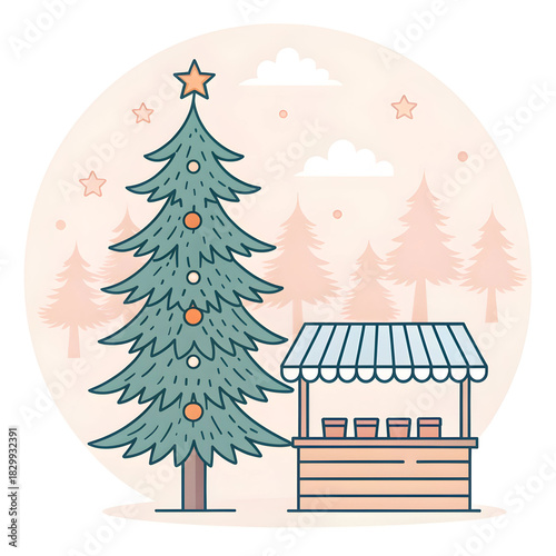 A simple pine tree adorned with small star decorations creating a minimal festive visual symbolizing holiday spirit joy