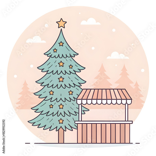 A simple pine tree adorned with small star decorations creating a minimal festive visual symbolizing holiday spirit joy