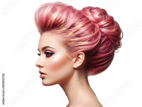 Profile view of a young woman with vibrant pink hair styled in an elaborate updo featuring glitter accents, isolated on transparent background