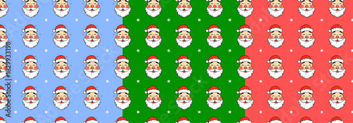 A seamless pattern featuring cartoon Santa Claus faces with rosy cheeks, white beards, and red hats, interspersed with small stars, against red, green, and blue backgrounds. Ideal for holiday-themed d