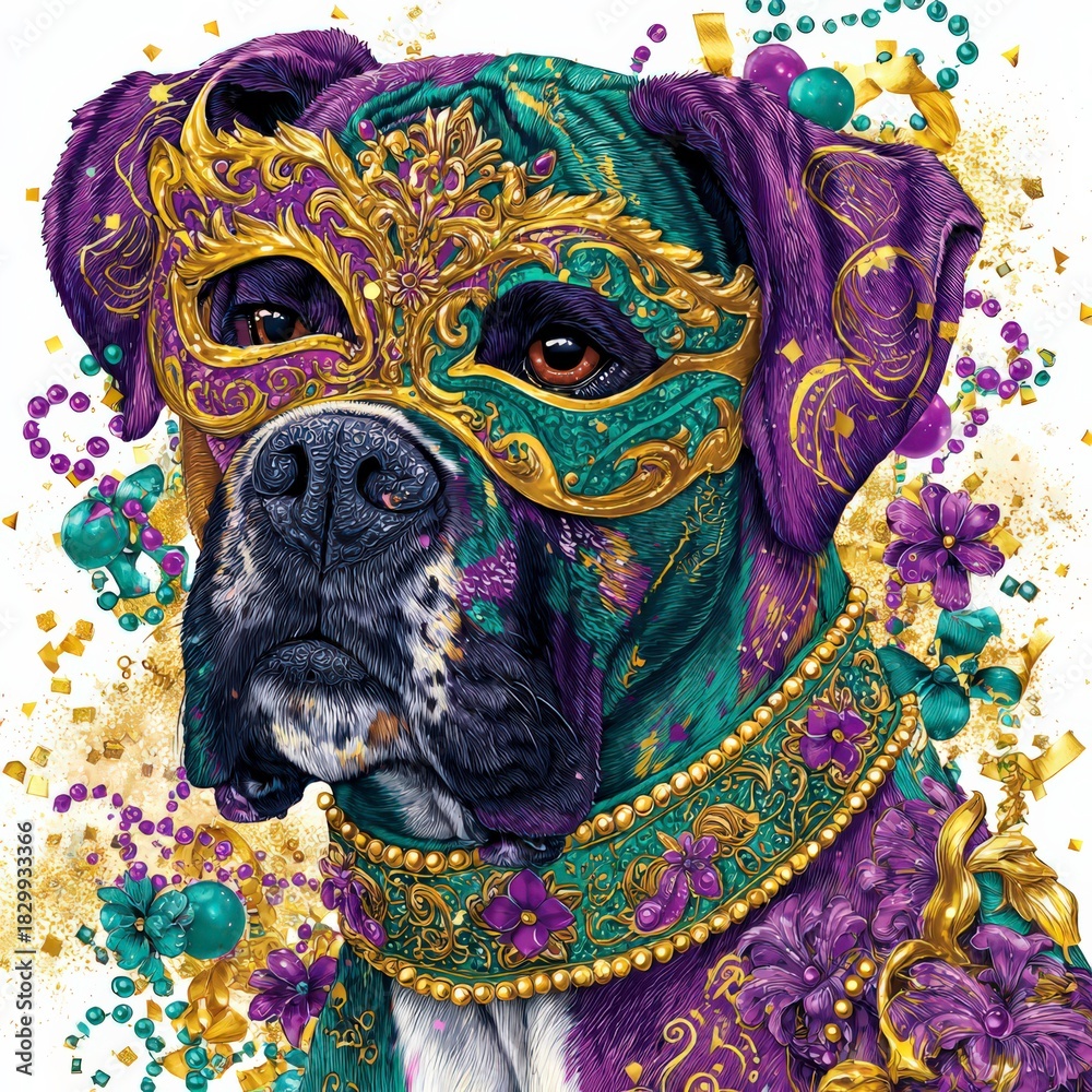 Naklejka premium Colorful dog wears decorative mask in vibrant celebration with beads and accessories