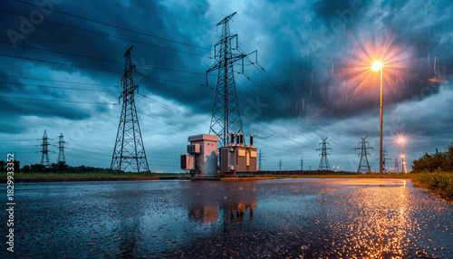 Warm streetlight illuminating wet pavement beneath stormy evening clouds