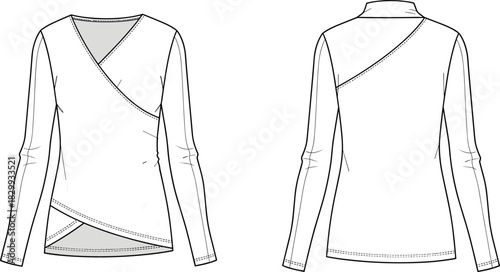 Technical vector flat illustration of a long-sleeve women's mock-neck wrap top, featuring a crossover front, angled seam lines, and clear front/back views, ideal for apparel design and pattern drafti