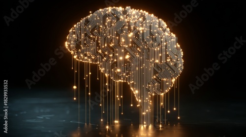 Fototapeta Naklejka Na Ścianę i Meble -  3D Render of Digital Brain with Glowing Lights and Circuit Patterns, Representing Artificial Intelligence and Technological Innovation Concepts