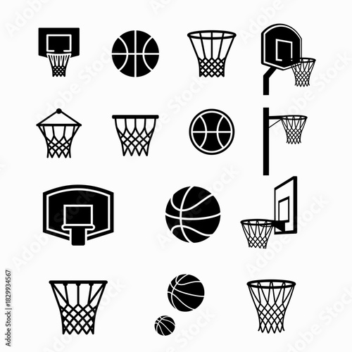 Basketball hoops and balls silhouette vector graphic set