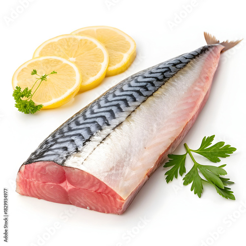 Raw mackerel fillet isolated on white background showcasing fresh fish, ideal for cooking, healthy meals, recipes