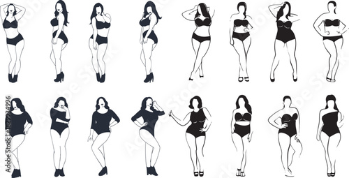 Diverse Body Types of Women in Swimwear Line Art Collection