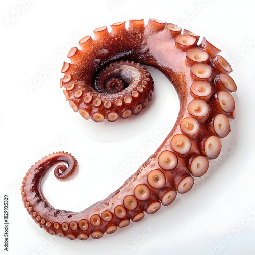 Raw octopus tentacle single piece isolated on white background showcasing fresh seafood ingredient ideal for cooking, recipes, gourmet dishes,