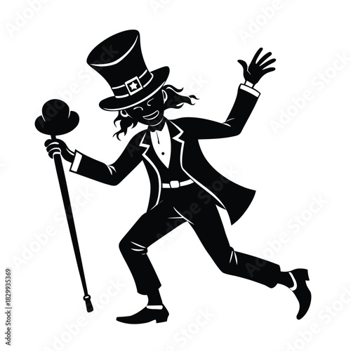 Silhouette of a dancing man in a top hat and tuxedo holding a cane vector illustration