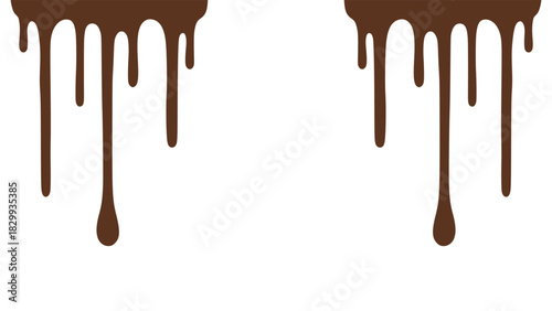 Dripping chocolate on white background. Minimalist melted chocolate dripping on a white background. Melted chocolate drops isolated on white background.