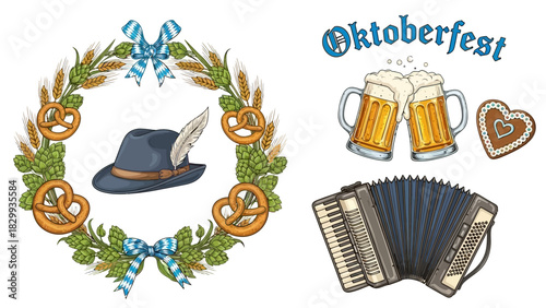 Festive Oktoberfest vector elements with pretzel wreath, beer steins, and accordion for festival branding