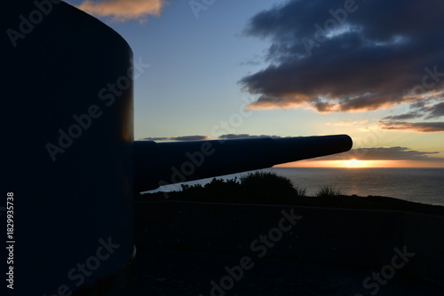 Noirmont point, Jersey, U.K. WW2 cannon turret at sunrise.
