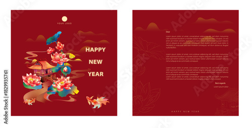 Square Lunar New Year Greeting Card Vector Template with Traditional Lotus and Temple Art