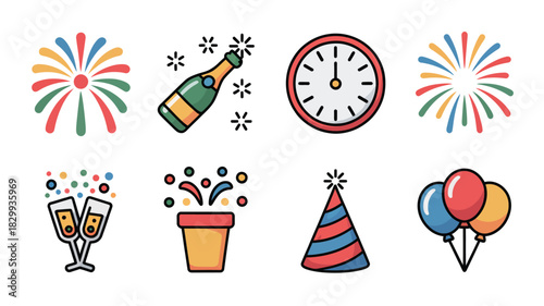 Colorful New Year Celebration Icon Set