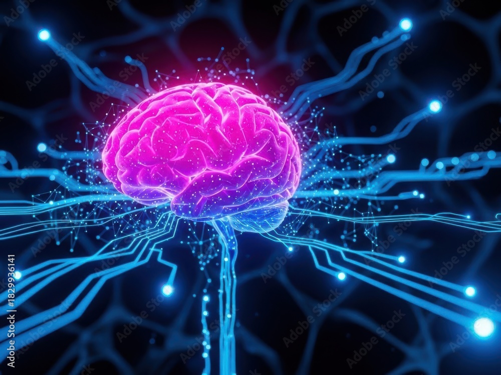 Fototapeta premium Glowing brain connected to futuristic digital network