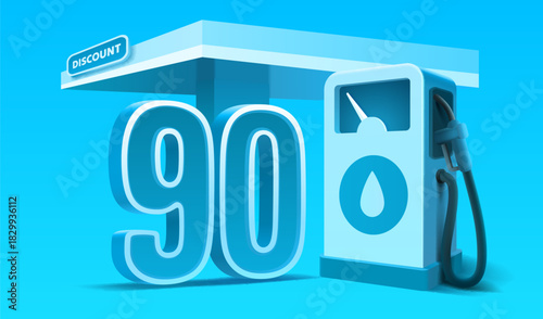 Big discount 90 percent at gas station concept. Fuel pump with number ninety on vibrant blue background.