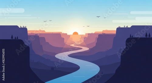 Serene Canyon River at Sunrise with Majestic Cliffs and Distant Sun.