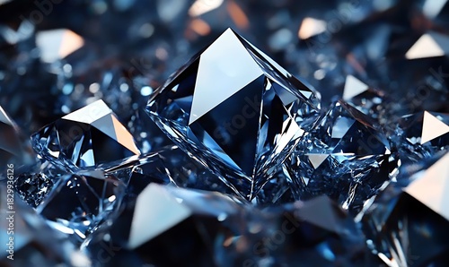 Close up shot of blue color diamond crystals texture with hard shadows and bright light