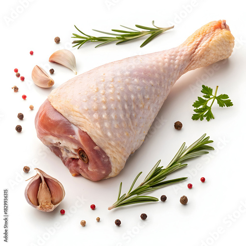 Raw turkey drumstick isolated on white background showcasing fresh poultry ingredient ideal for cooking, roasting, recipes,