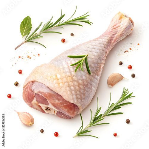Raw turkey drumstick isolated on white background showcasing fresh poultry ingredient ideal for cooking, roasting, recipes,