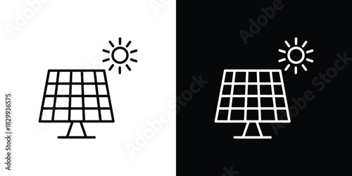 Solar panel icons set with editable black and white stroke line style for ui designs