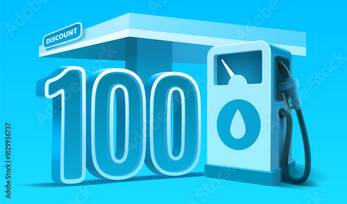 Fuel discount offer with a stylized gas station and number 100.