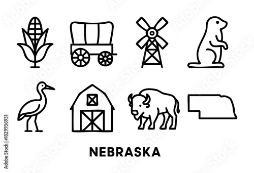 Set of Nebraska icons in clean bold-line style: corn, covered wagon, windmill, prairie dog, heron, barn, bison, state outline.